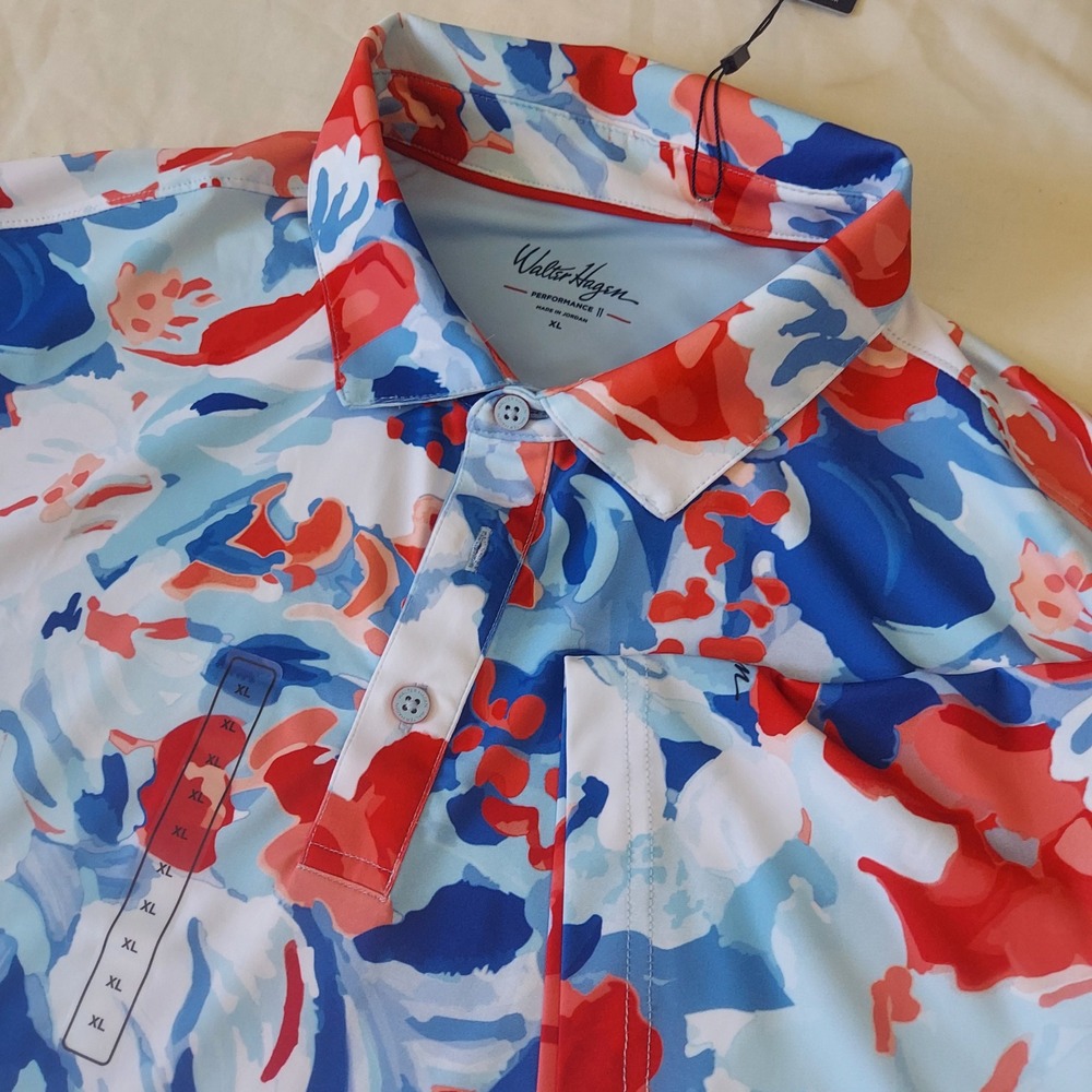 Walter Hagen Mens XL P11 Printed Polo Shirt Gouache Florals‎ Red Performance 11